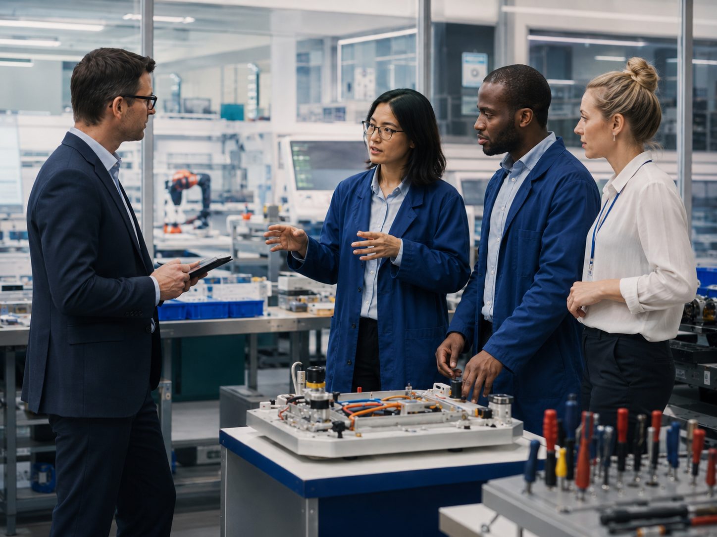 Three people talking to an R&D adviser