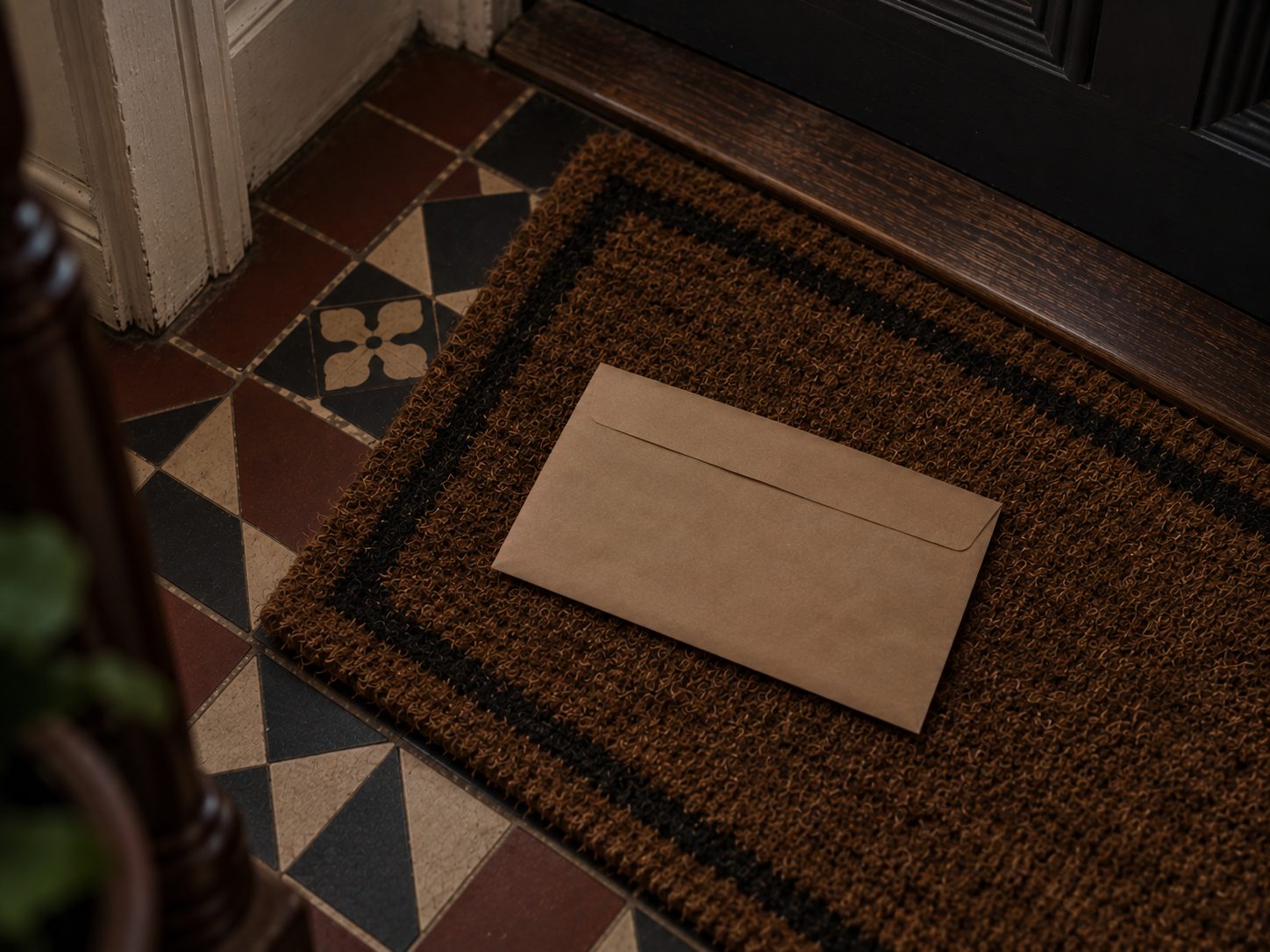 An unopened brown envelope on a doormat.